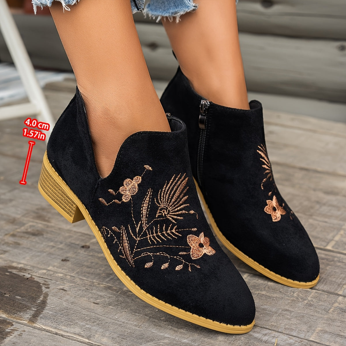 Dahlia Embroidered Low-Heel Ankle Boots