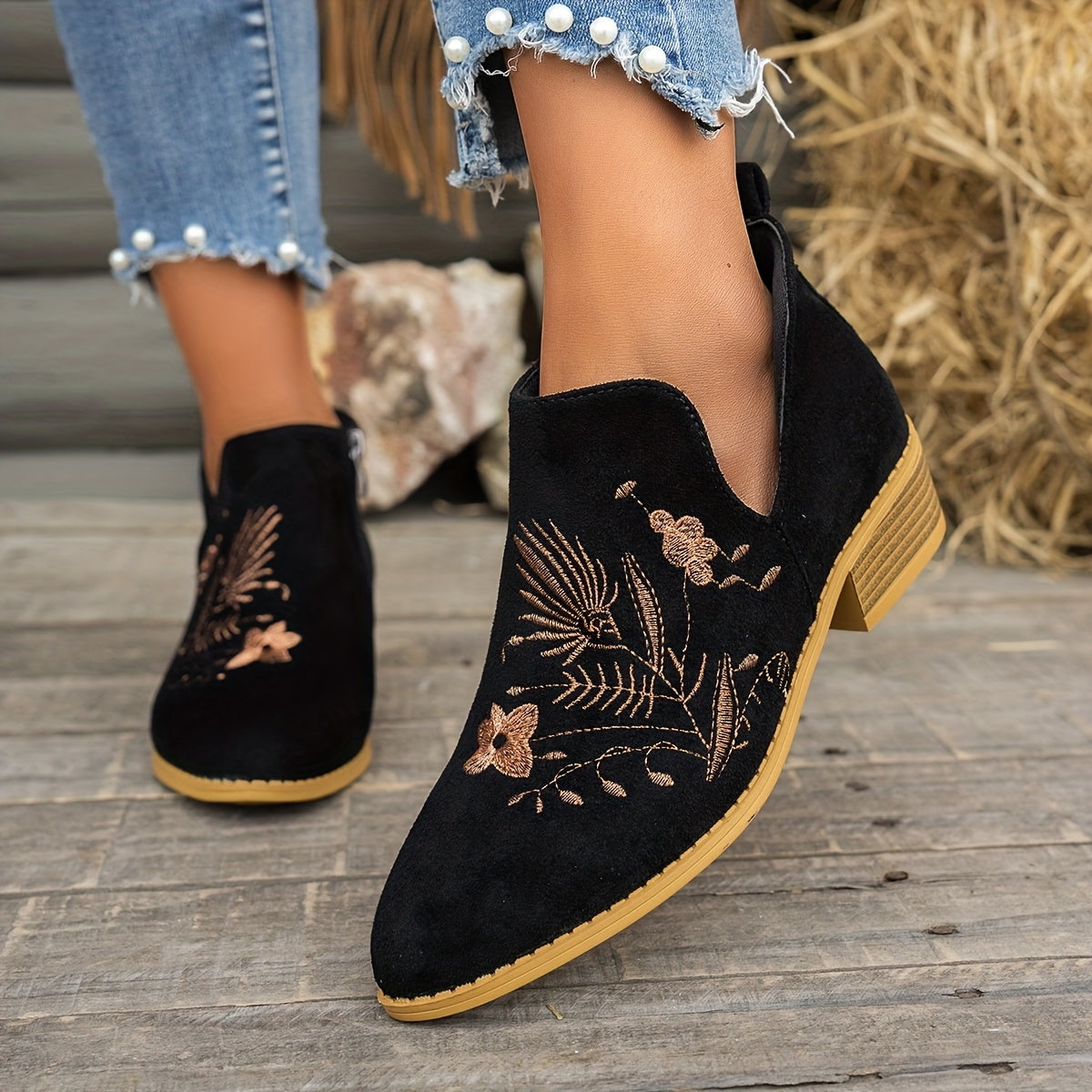 Dahlia Embroidered Low-Heel Ankle Boots