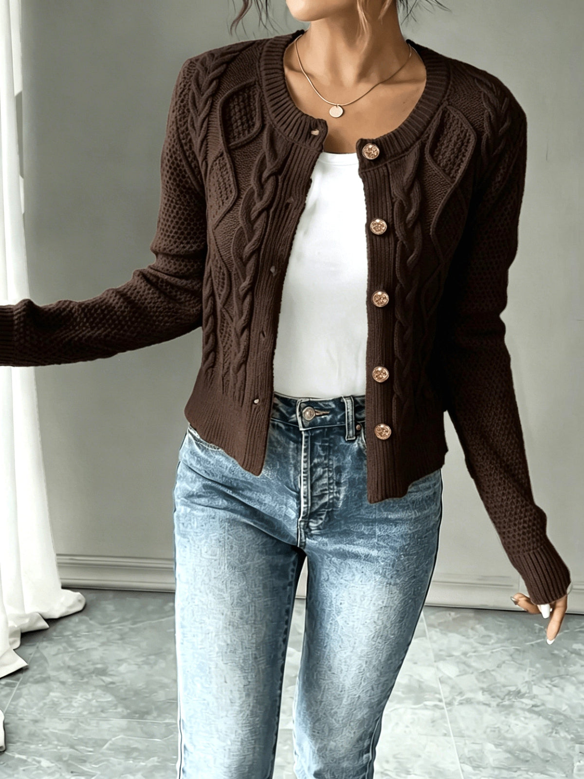 Melisande Cable-Knit Button-Front Cardigan