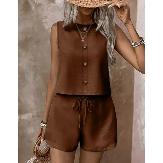 Adriana Sleeveless Button-Down Shorts Set