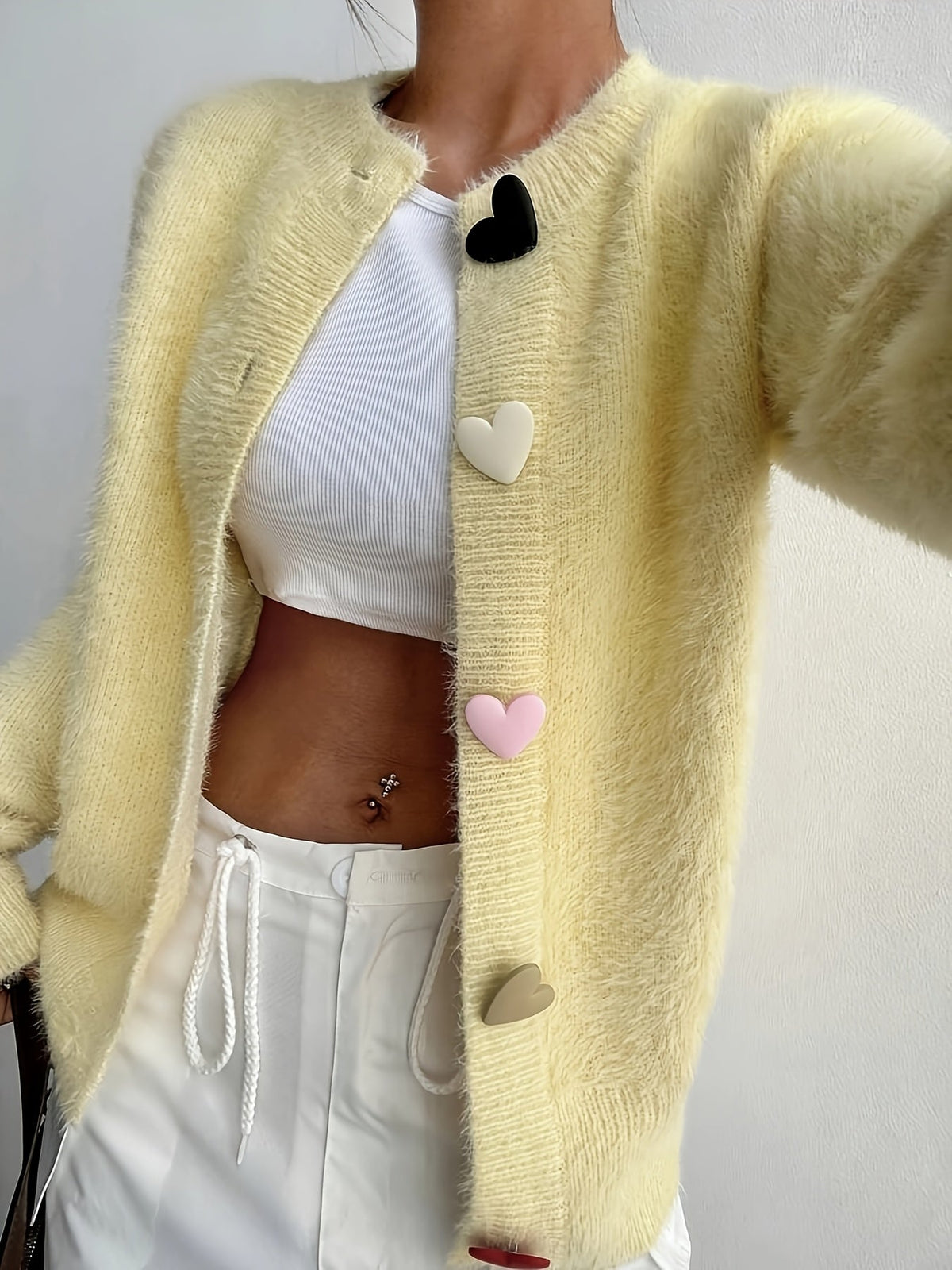 Eloise Fluffy Cropped Heart-Button Cardigan