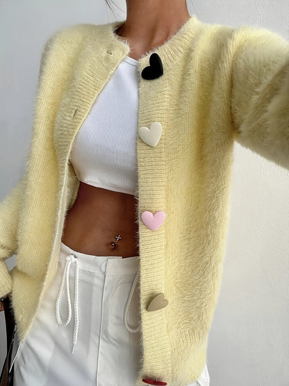 Eloise Fluffy Cropped Heart-Button Cardigan