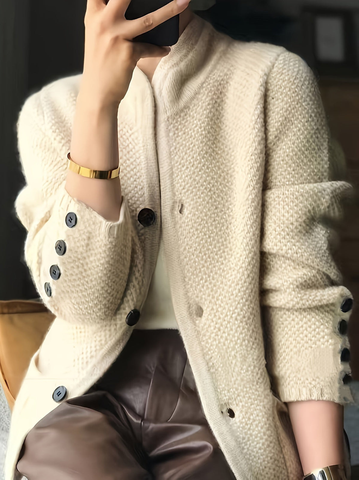 Cecile Textured Stand-Collar Cardigan