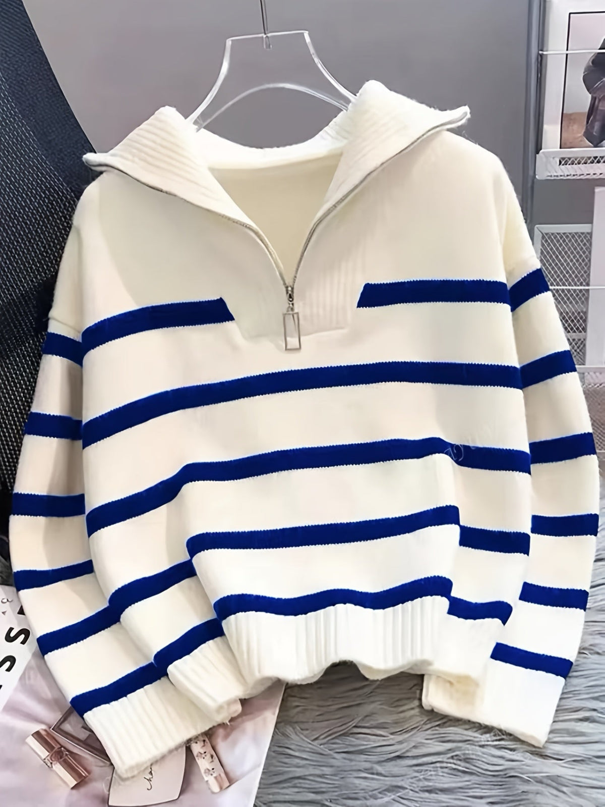 Cosette Striped Half-Zip Collared Sweater