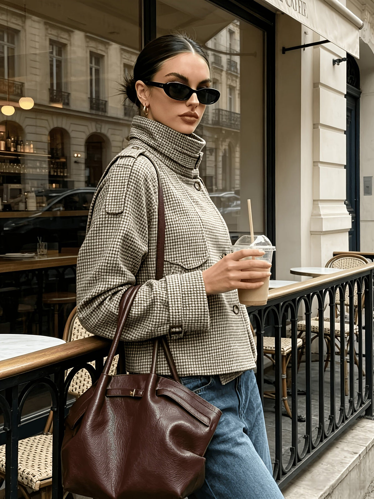 Cecelia Houndstooth Stand-Collar Jacket