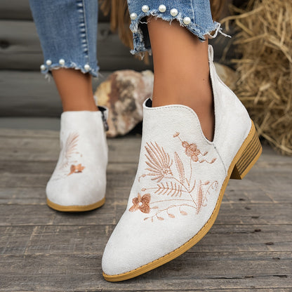 Dahlia Embroidered Low-Heel Ankle Boots