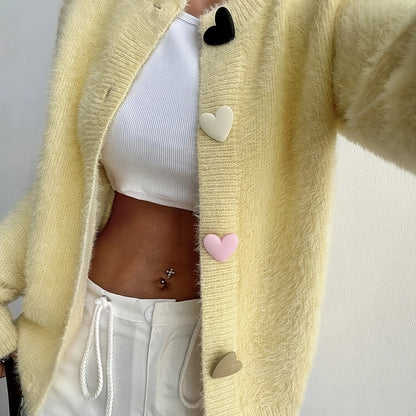 Eloise Fluffy Cropped Heart-Button Cardigan