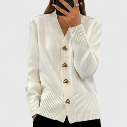 Margot Cashmere V-Neck Heart-Button Cardigan