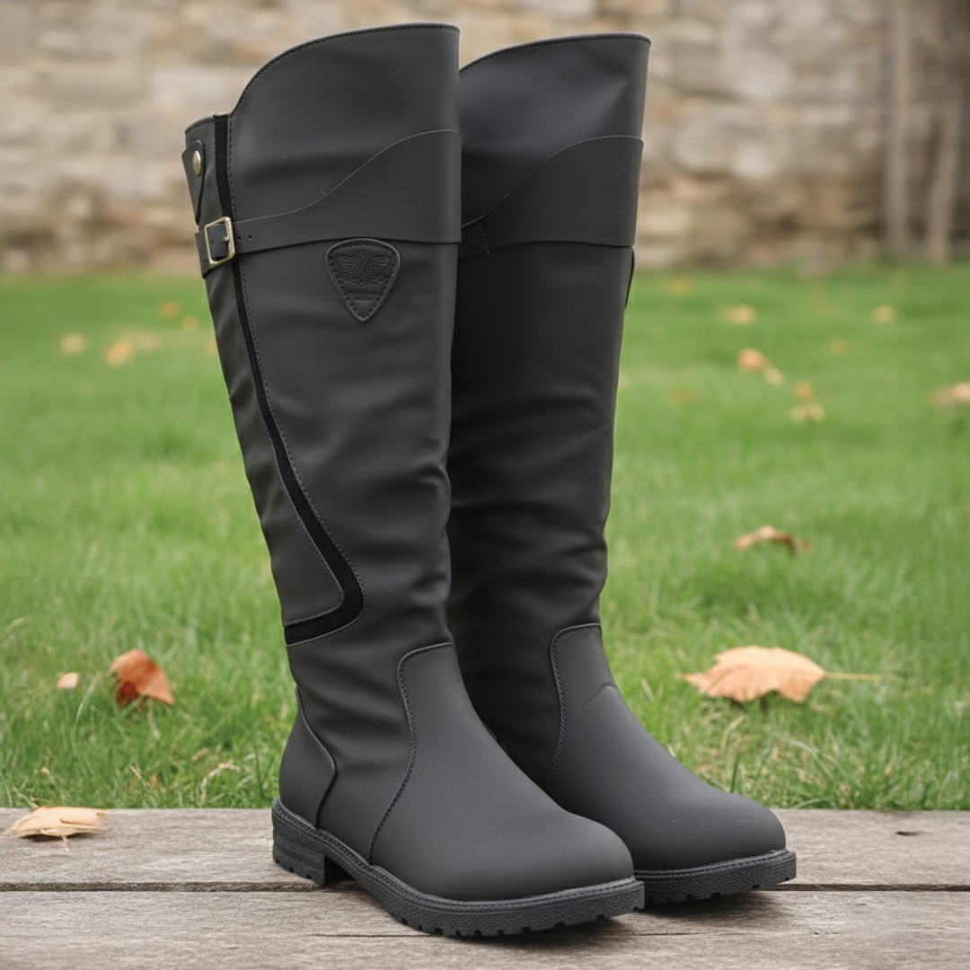 Adeline Leather Buckle Knee-High Riding Boots