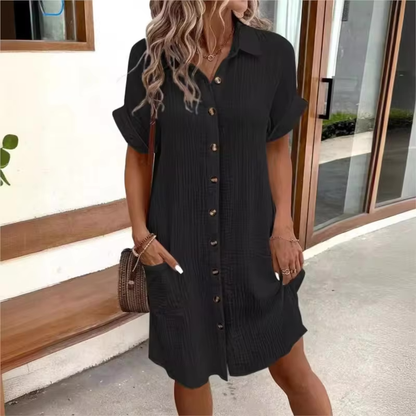 Women's Linen Button Down Shirt Dress With Pockets