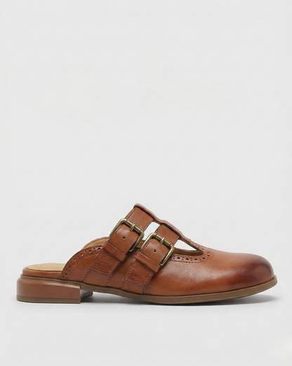 Elodie Leather Double Buckle Flat Mules
