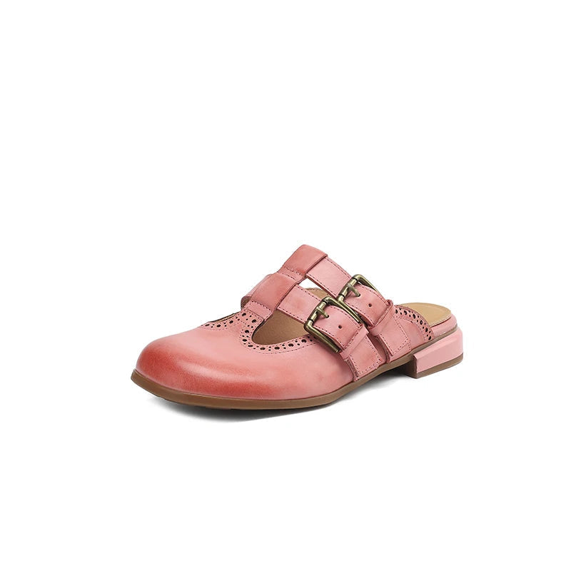 Elodie Leather Double Buckle Flat Mules