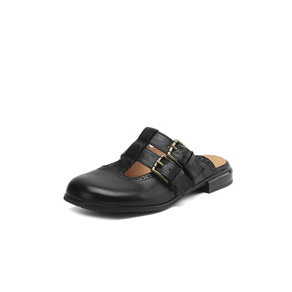 Elodie Leather Double Buckle Flat Mules