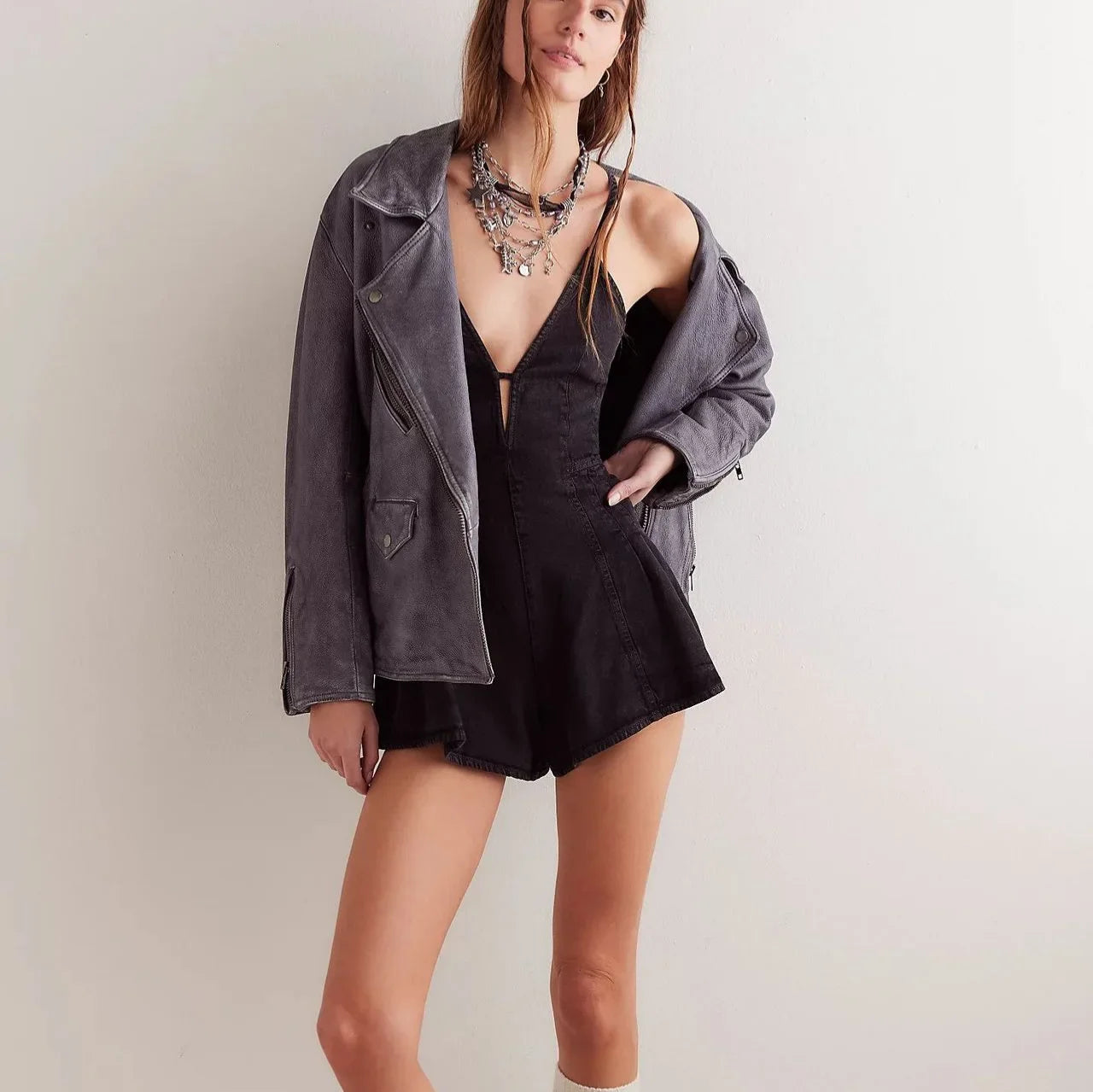 Noelle V-Neck Denim Mini Romper