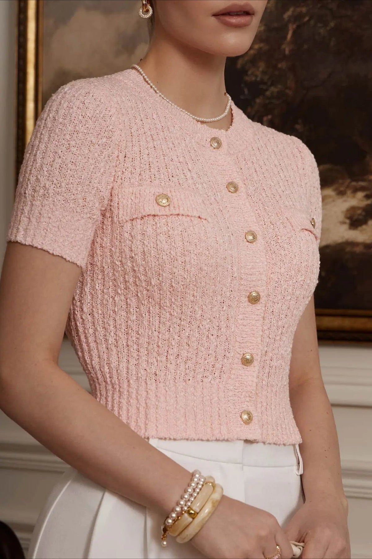 Yvette Cropped Short-Sleeve Knit Cardigan