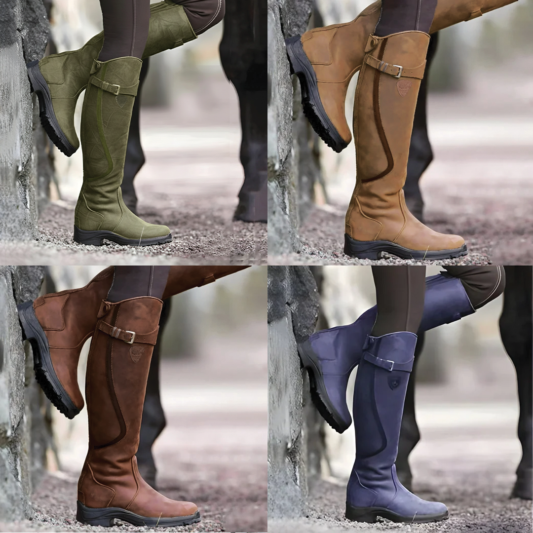 Adeline Leather Buckle Knee-High Riding Boots
