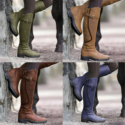 Adeline Leather Buckle Knee-High Riding Boots