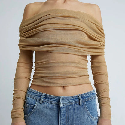 Nora Ruched Mesh Off-Shoulder Crop Top