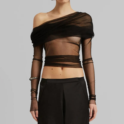Nora Ruched Mesh Off-Shoulder Crop Top
