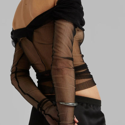 Nora Ruched Mesh Off-Shoulder Crop Top