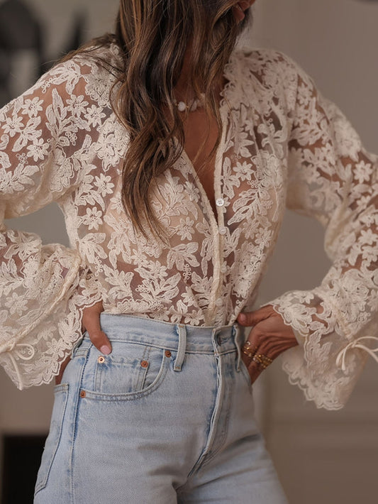 Isabelle Sheer Floral Lace V-Neck Blouse