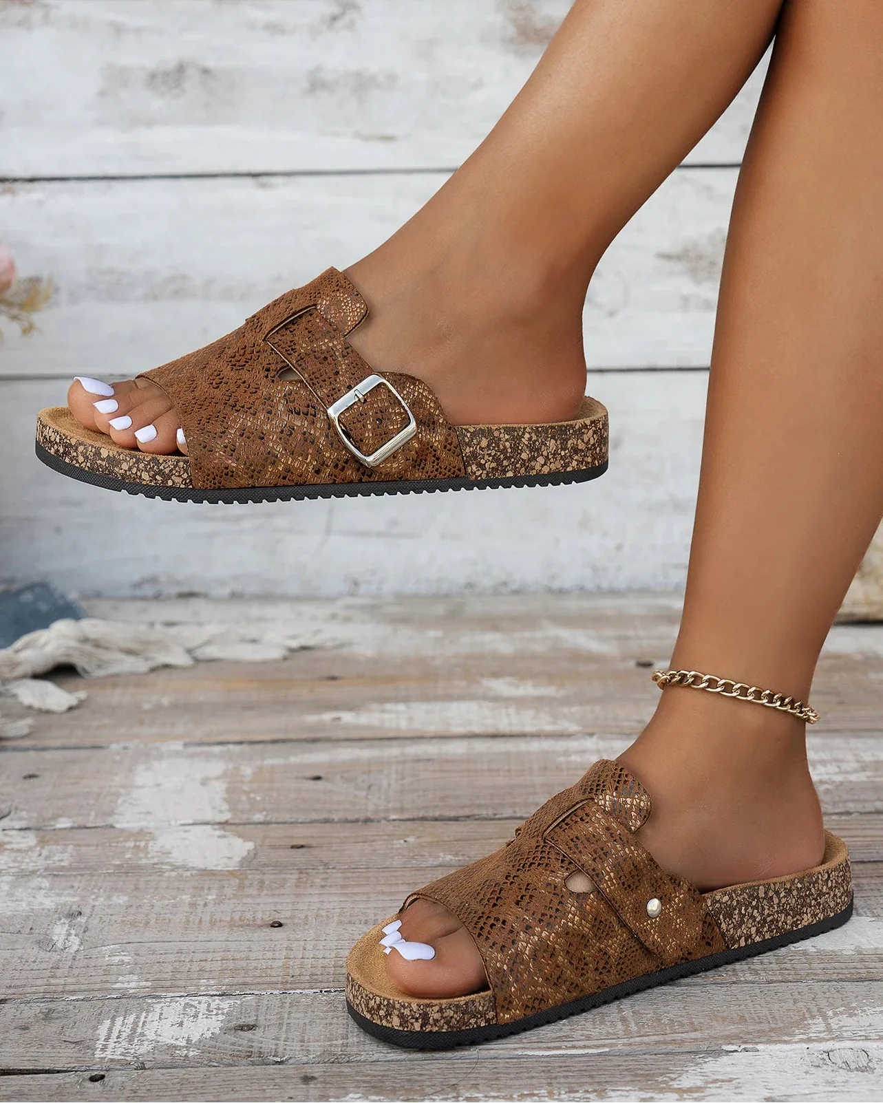 Sienna Snake Print Buckle Slide Sandals