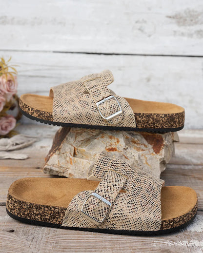 Sienna Snake Print Buckle Slide Sandals