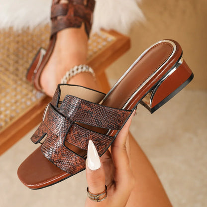 Valentina Snake Print Square Toe Block Heel Sandals