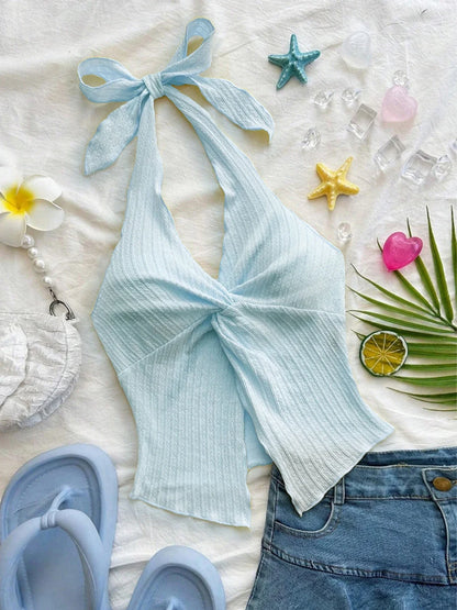 Nadia Ribbed Halter Twist Crop Top