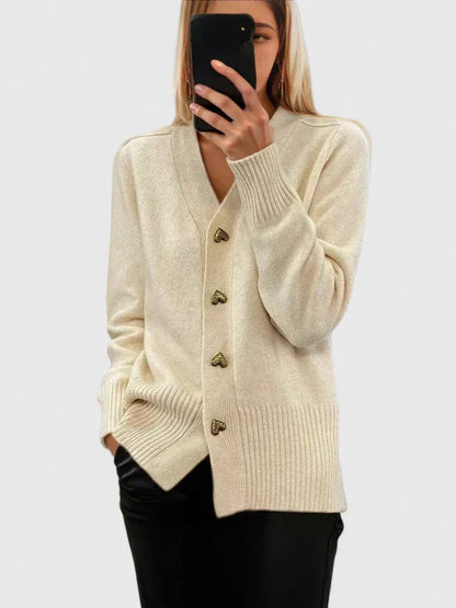 Margot Cashmere V-Neck Heart-Button Cardigan
