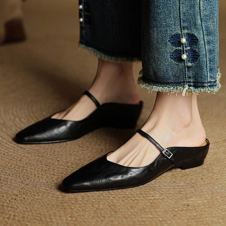 Elodie Pointed Toe Leather Mary Jane Mules