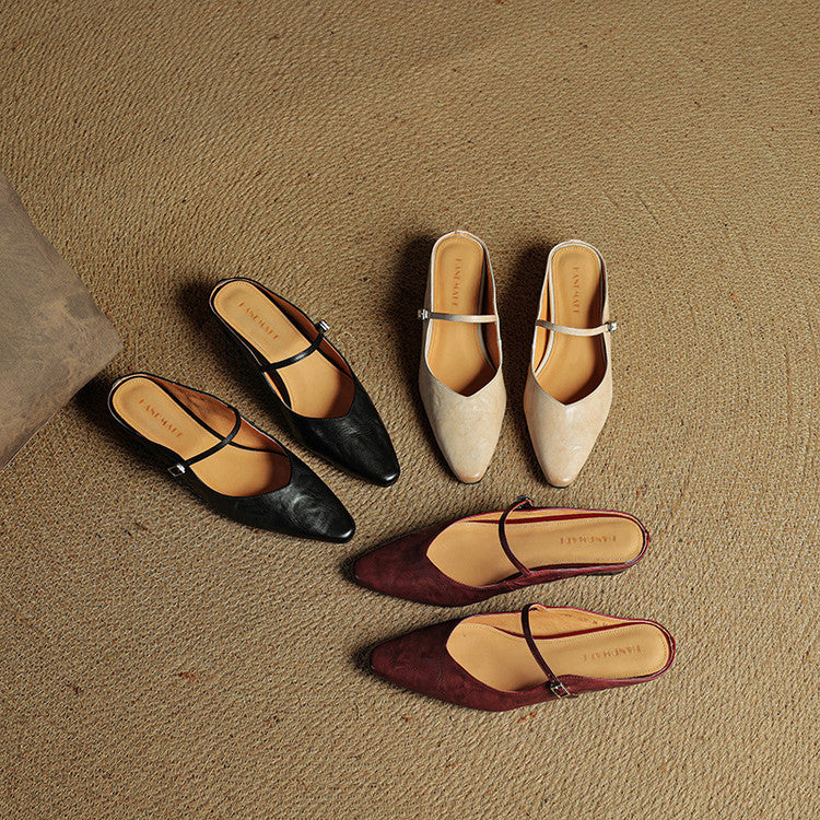 Elodie Pointed Toe Leather Mary Jane Mules