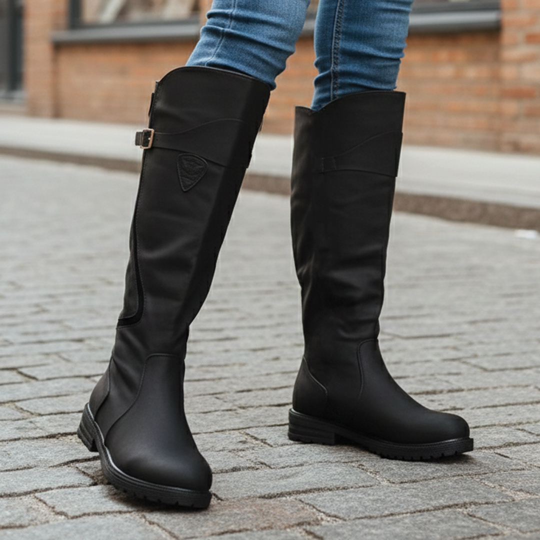 Adeline Leather Buckle Knee-High Riding Boots