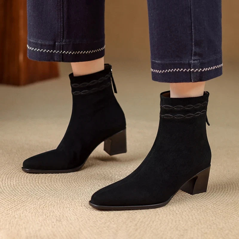 Estelle Suede Square Toe Ankle Boots