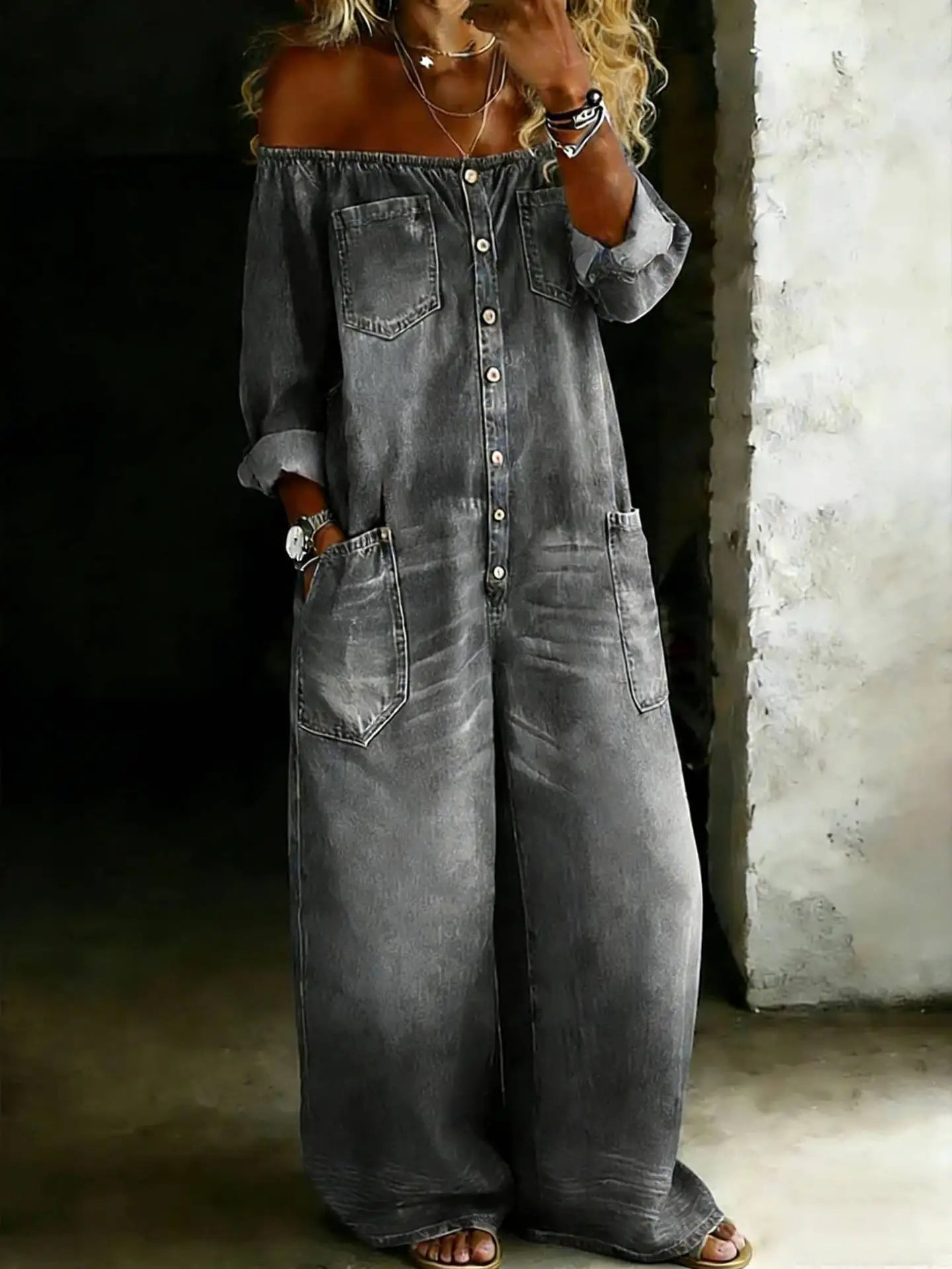Noelle Off-Shoulder Denim Jumpsuit