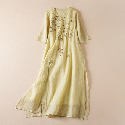 Adeline Embroidered Linen Maxi Dress