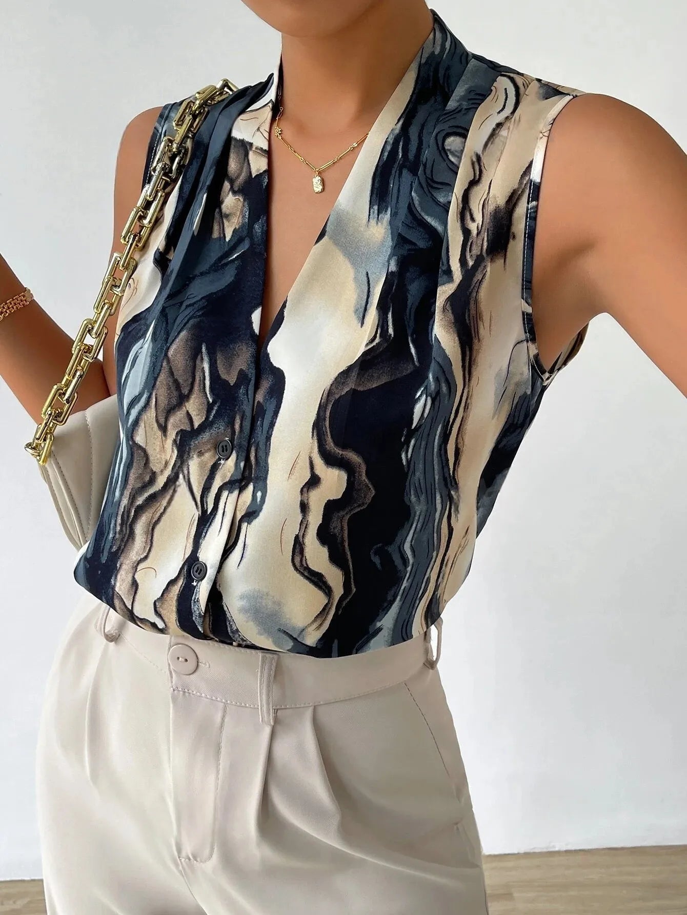 Mira Marble Print V-Neck Blouse