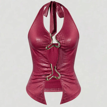 Valeria Croc Embossed Faux Leather Halter Top