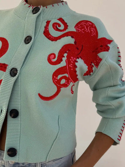 Eulalie Octopus Print Knit Cardigan