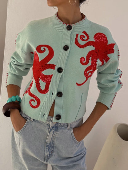 Eulalie Octopus Print Knit Cardigan