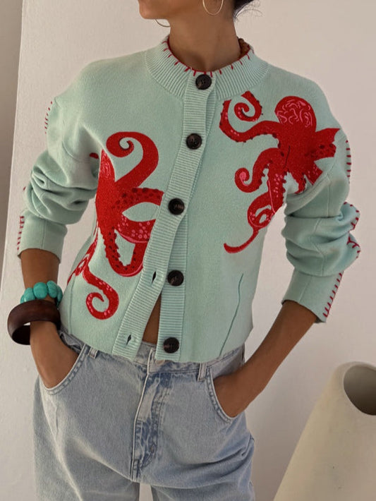 Eulalie Octopus Print Knit Cardigan