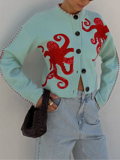 Eulalie Octopus Print Knit Cardigan