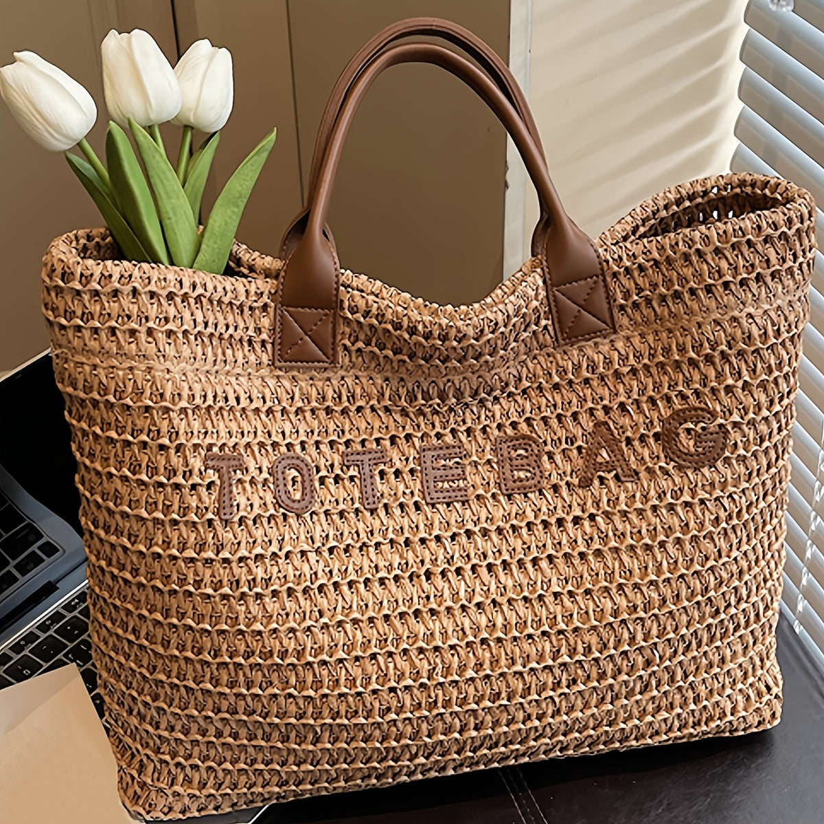 Vespera Woven Leather Handle Tote Bag