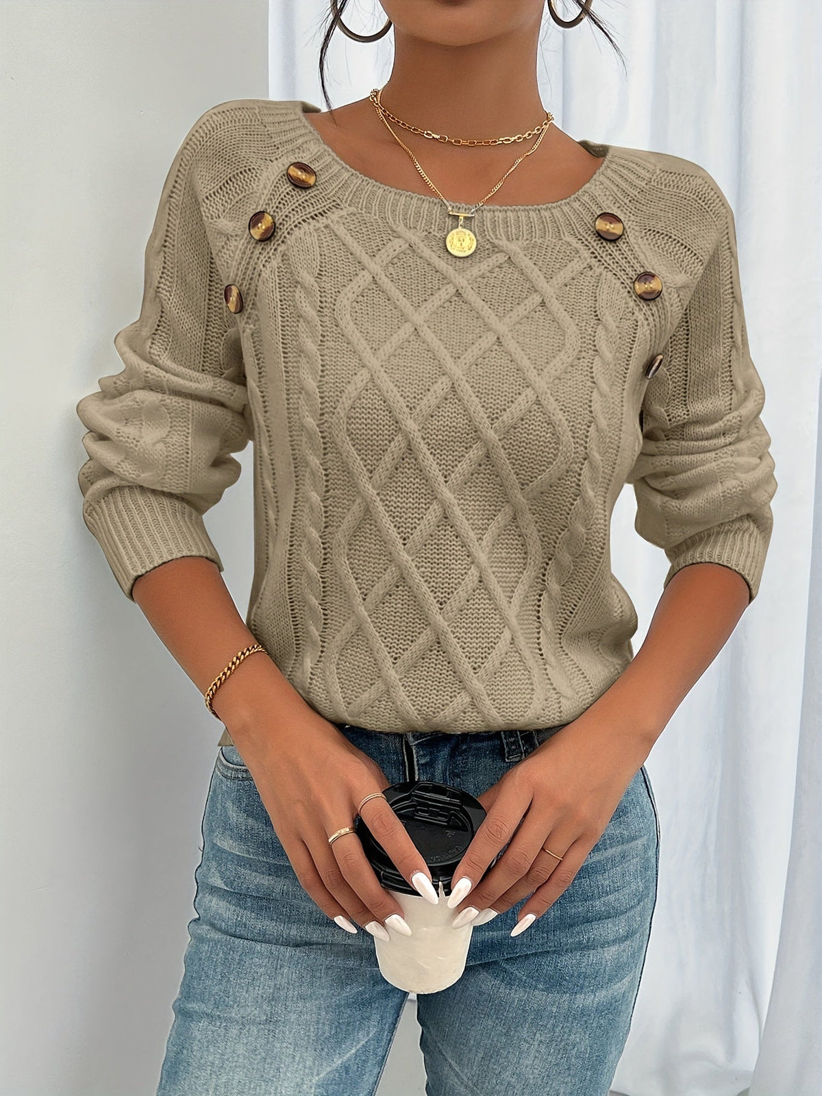 Claribel Textured Button-Detail Knit Sweater