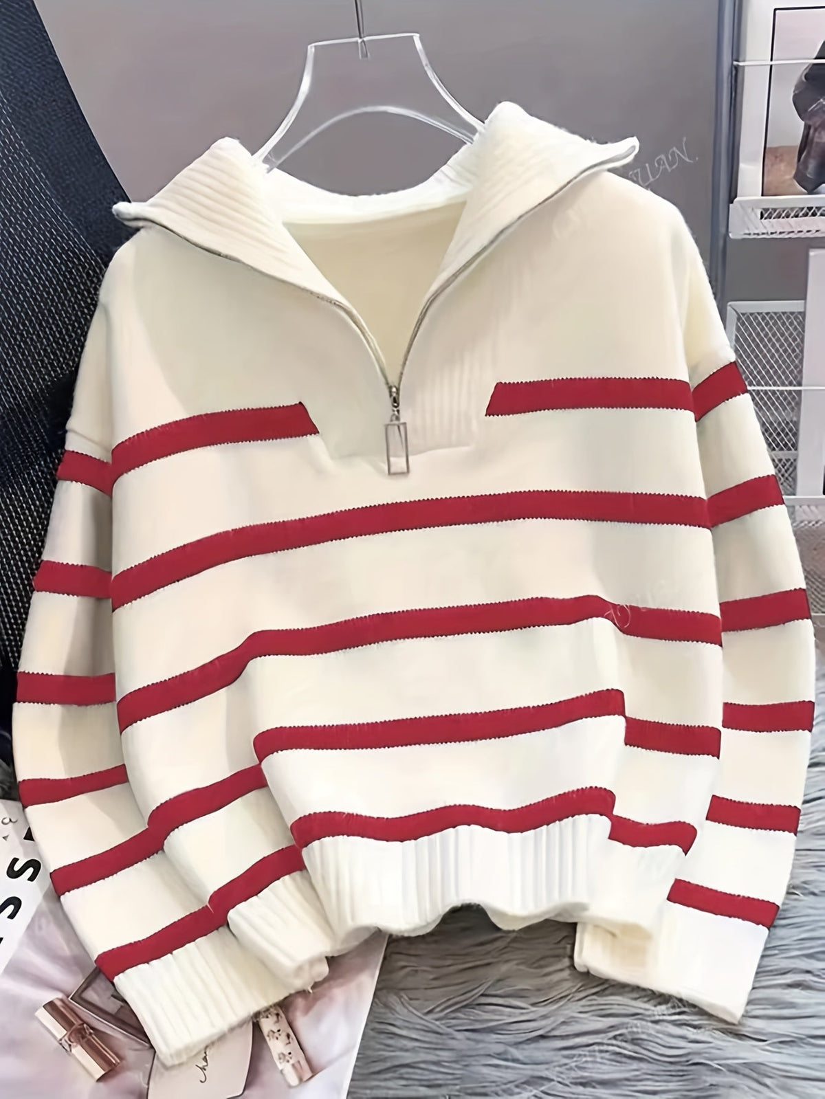 Cosette Striped Half-Zip Collared Sweater