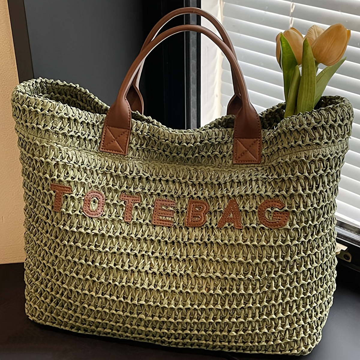 Vespera Woven Leather Handle Tote Bag