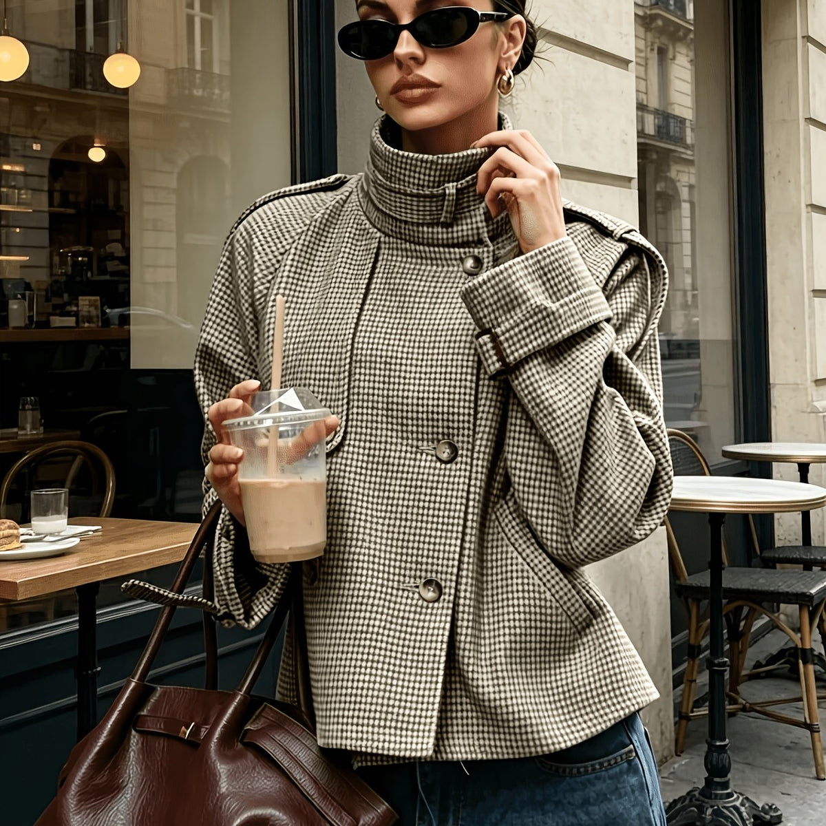 Cecelia Houndstooth Stand-Collar Jacket
