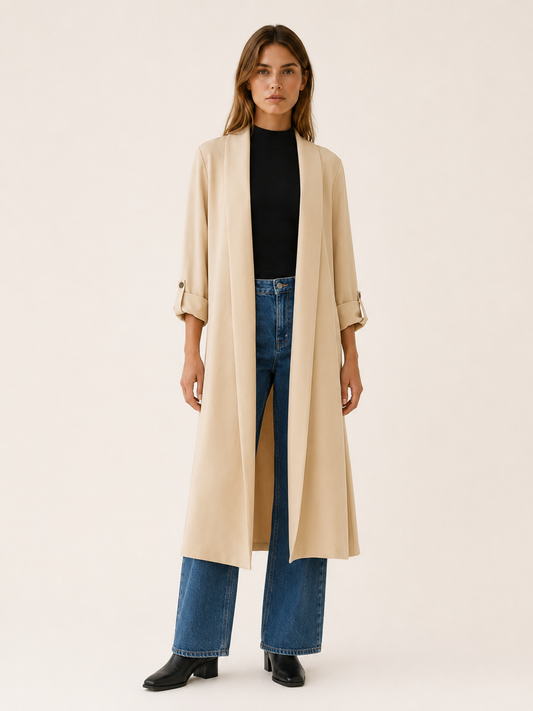 Maribel Open-Front Long Trench Coat