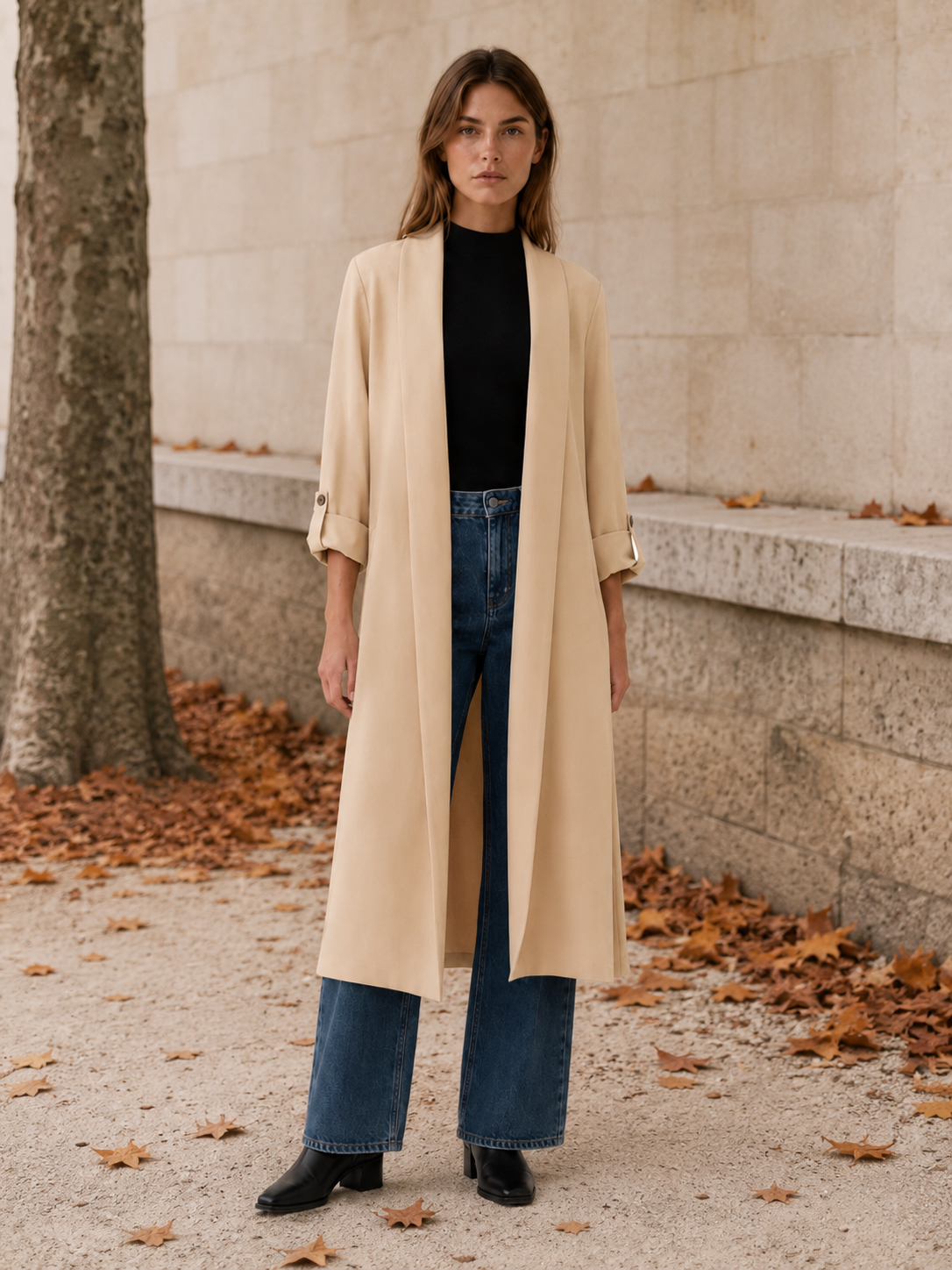 Maribel Open-Front Long Trench Coat