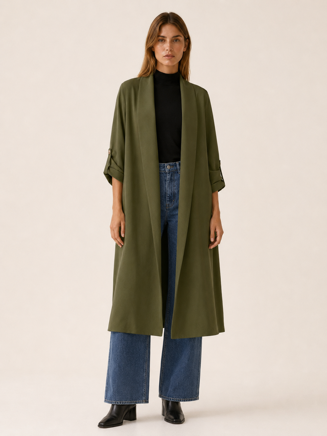 Maribel Open-Front Long Trench Coat